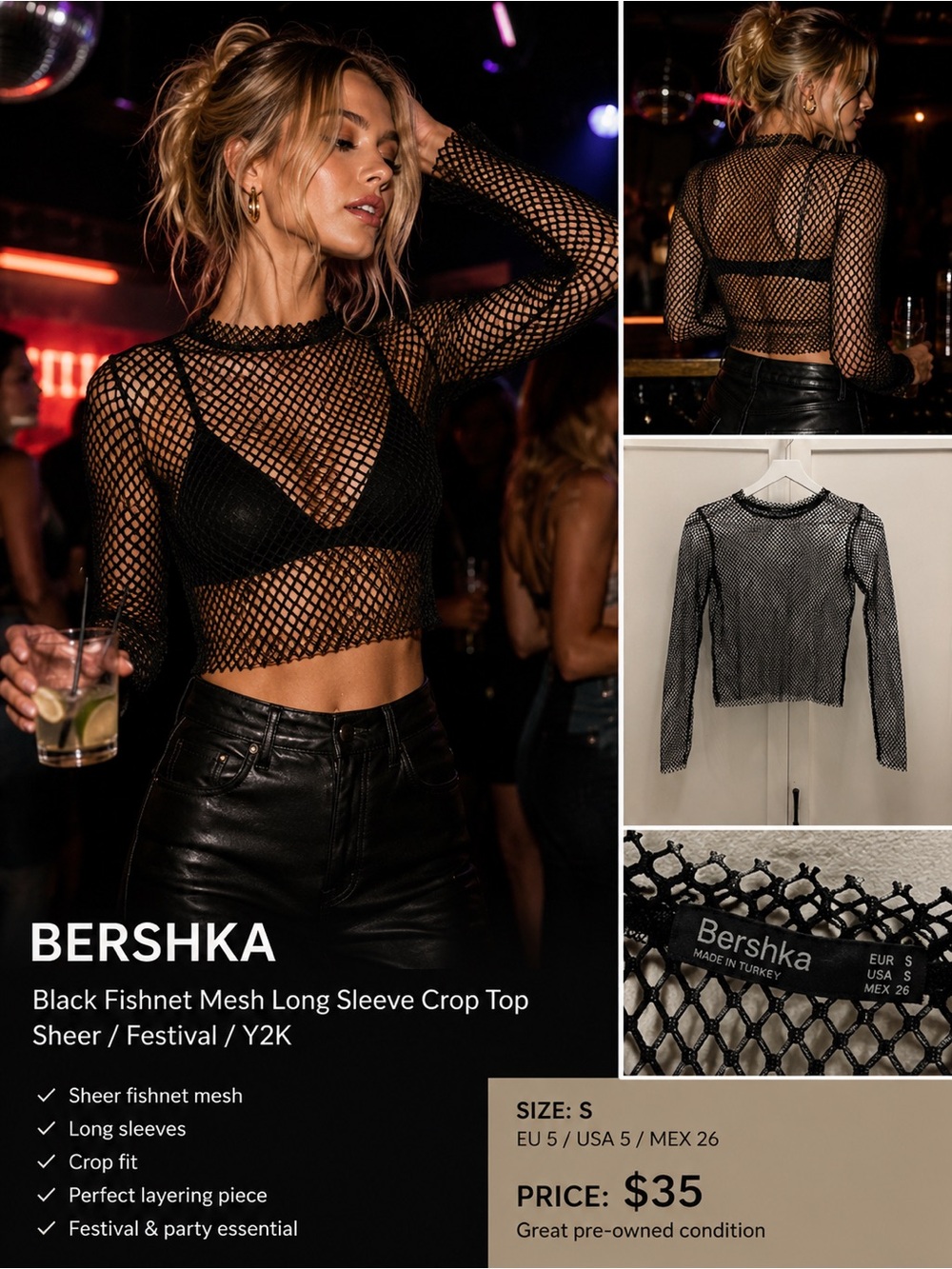 Bershka Black Fishnet Long-Sleeve Crop Top - Picture 9 of 9